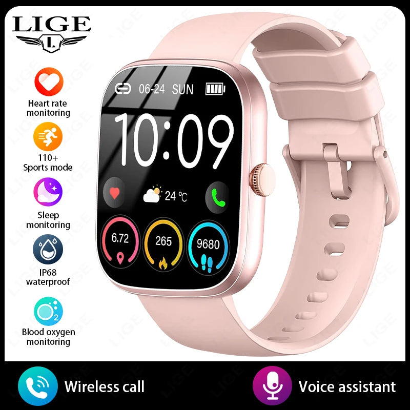 LIGE Smartwatch mit rosafarbenem Silikonarmband und schwarzem HD-Touchdisplay, 1,96 Zoll