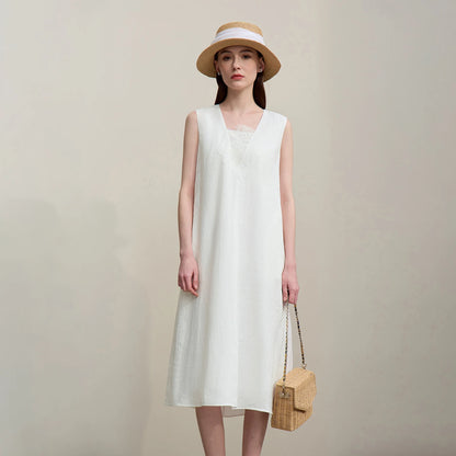 Elegantes Leinen Damenkleid Mit V-Ausschnitt Und Spitze