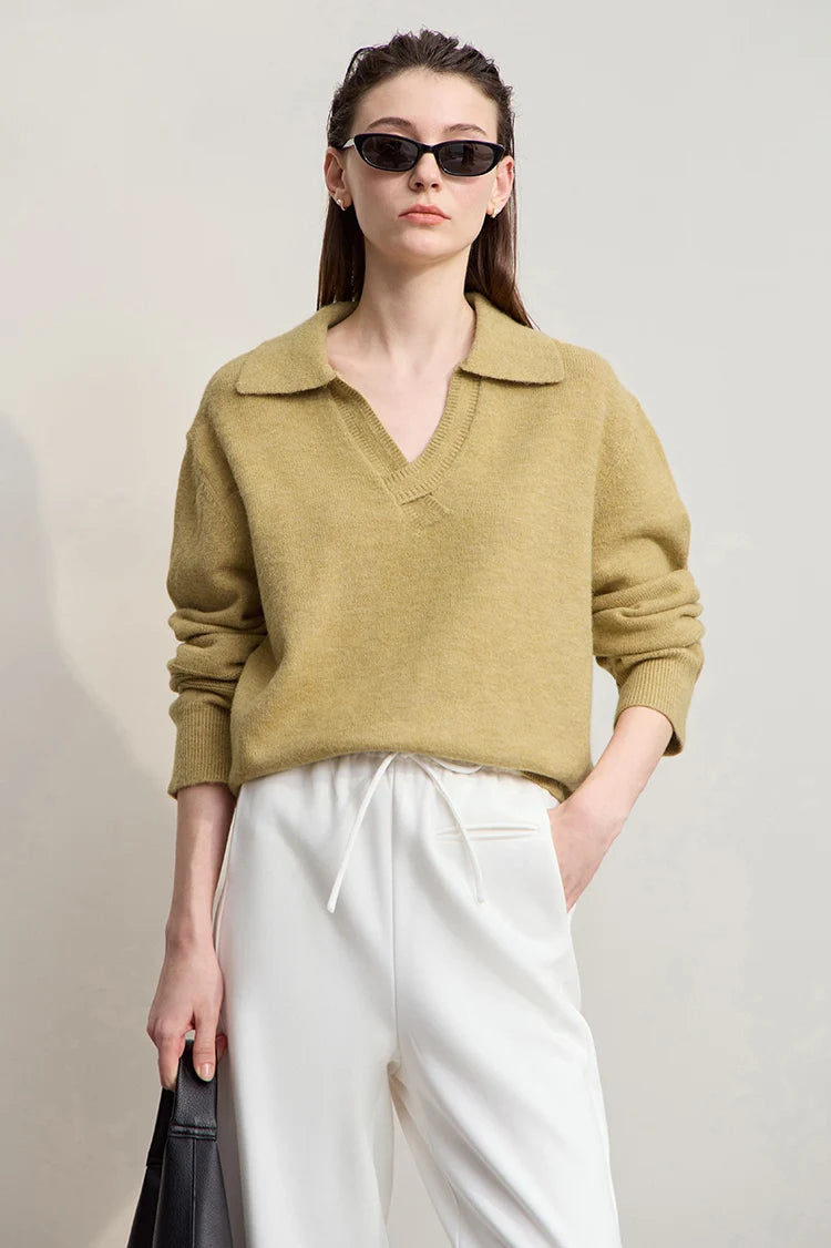 Damen V-Ausschnitt Pullover locker Raglan Wolle-Mix Pendler Herbst