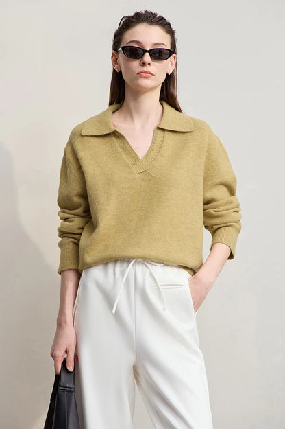 Damen V-Ausschnitt Pullover locker Raglan Wolle-Mix Pendler Herbst