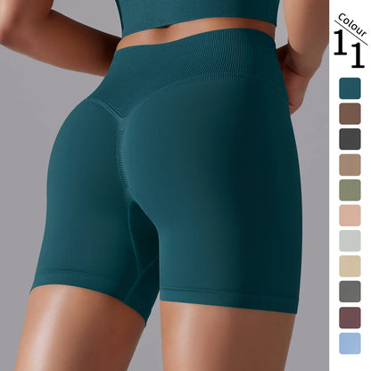 Nahtlose gestrickte Damen-Workout-Shorts, dunkelblaugrün, mit hoher Taille und Po-Formteil