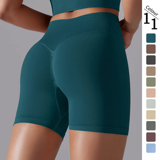 Nahtlose gestrickte Damen-Workout-Shorts, dunkelblaugrün, mit hoher Taille und Po-Formteil