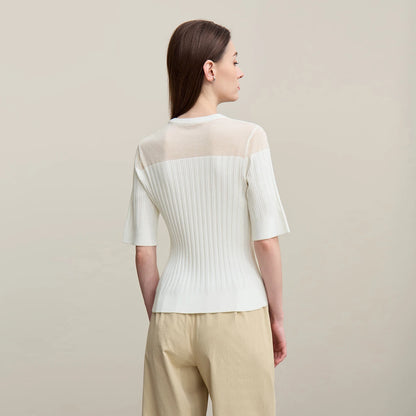 Damen-Stricktop mit Rundhalsausschnitt, Kurzarm, beiger Farbton, gerippte Struktur