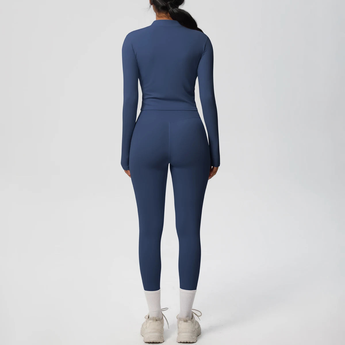 Damen Yoga-Set 2-teilig, dunkelblau, Rückansicht mit passendem Langarmshirt