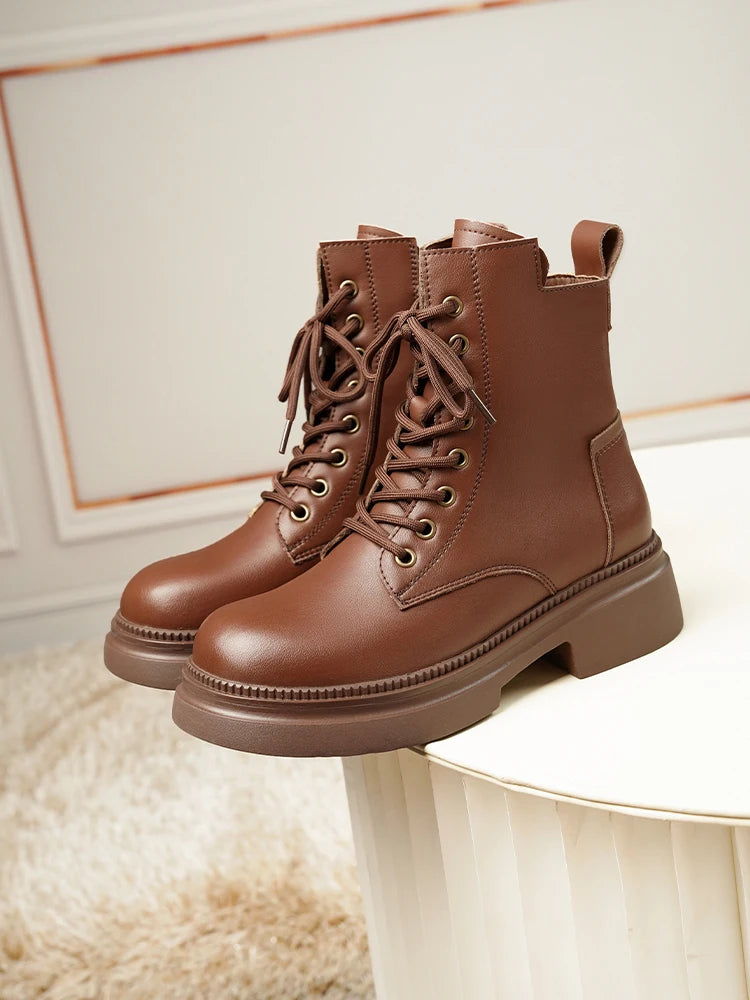 Damen Stiefeletten aus echtem Leder im Retro-Stil mit quadratischem Absatz
