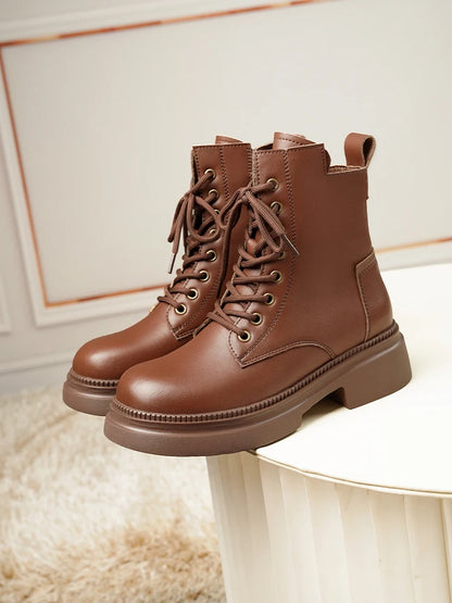 Damen Stiefeletten aus echtem Leder im Retro-Stil mit quadratischem Absatz
