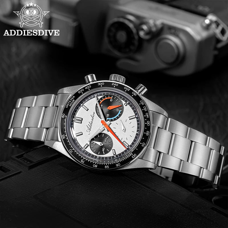 ADDIESDIVE 37mm Men Watch AD2539 BGW9 Super Luminous Chronograph Watch Bubble Mirror Glass 10Bar Waterproof VK63 Quartz Watches