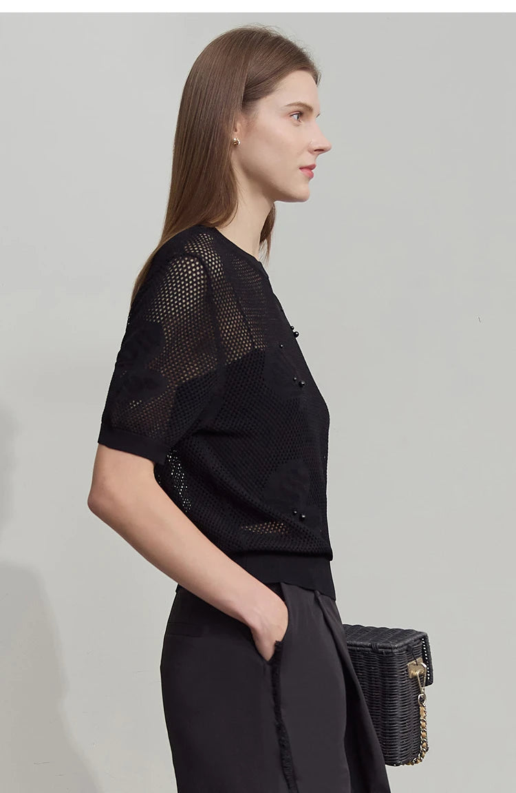 Damen Top im minimalistischen Ozean-Stil mit Perlenbesatz und durchbohrten Löchern