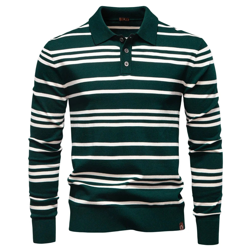 Langarm-Poloshirt für Herren, dunkelgrün mit weißen Horizontalstreifen, Vorderansicht