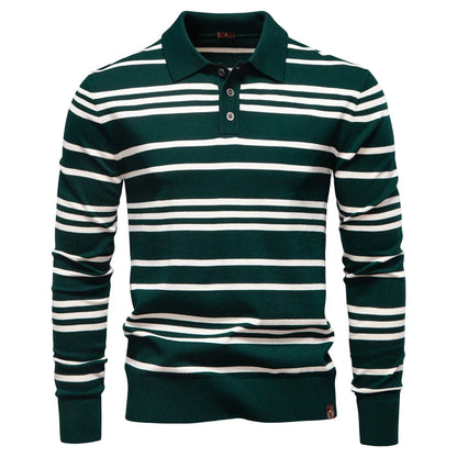 Langarm-Poloshirt für Herren, dunkelgrün mit weißen Horizontalstreifen, Vorderansicht