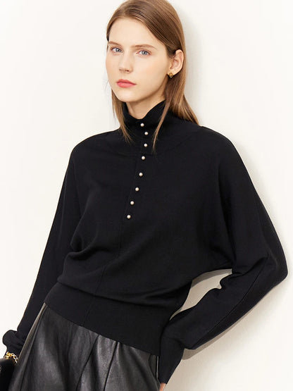 Damen-Rollkragenpullover 100 % Wolle locker Fledermausärmel Herbst