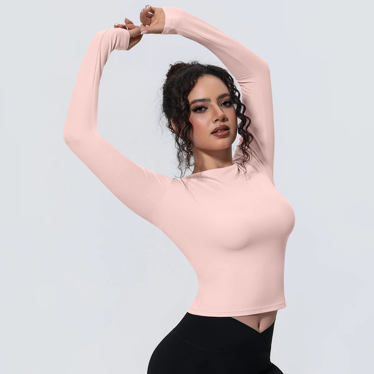 Rosa Langarm-Yoga-Shirt, figurbetont, Rundhalsausschnitt, Ärmel reichen bis Handgelenk