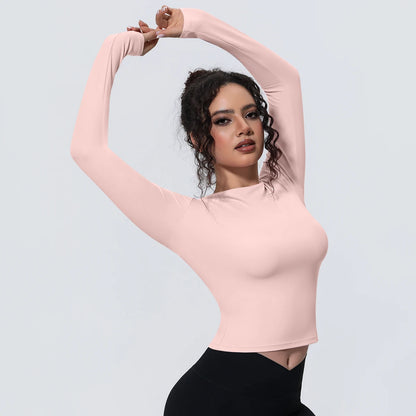 Rosa Langarm-Yoga-Shirt, figurbetont, Rundhalsausschnitt, Ärmel reichen bis Handgelenk
