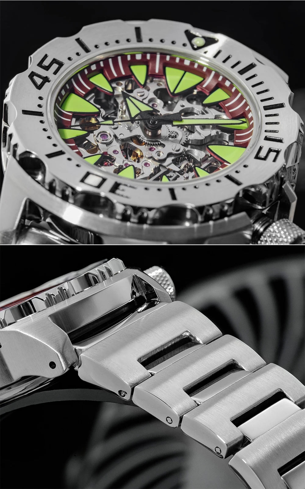 Herren Skeleton-Automatikuhr Saphirglas Edelstahl Leuchtzeiger wasserdicht