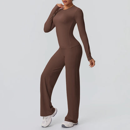Yoga-Set für Damen: langärmliges Top und Leggings in Braun