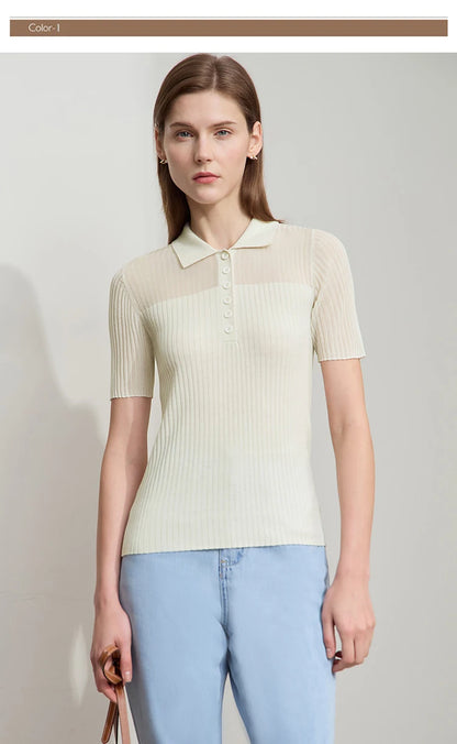 Damen Strickoberteil mit Revers und halber Knopfleiste für den Sommer