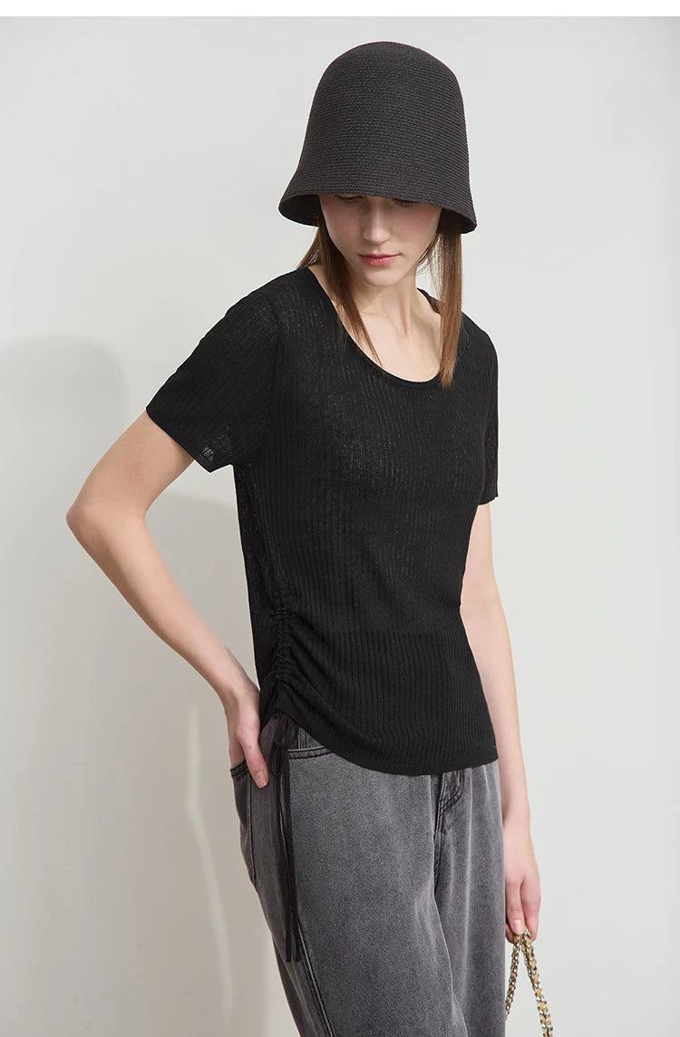 Damen-Strickpullover mit Rundhals und Kurzarm, schwarz