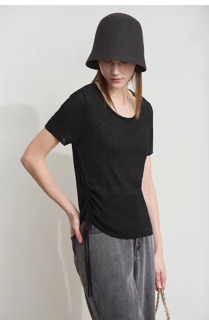 Damen-Strickpullover mit Rundhals und Kurzarm, schwarz