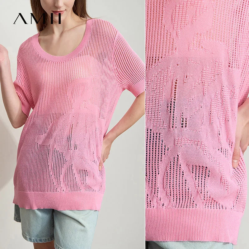 Damenpullover kurzarm, rosafarbenes Lochmuster mit Blumen-Jacquard-Optik