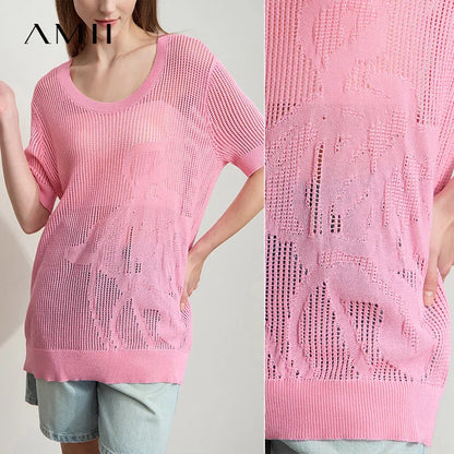 Damenpullover kurzarm, rosafarbenes Lochmuster mit Blumen-Jacquard-Optik