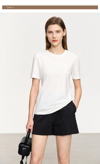 Damen Top im minimalistischen Stil mit Bären-Applikation und O-Ausschnitt