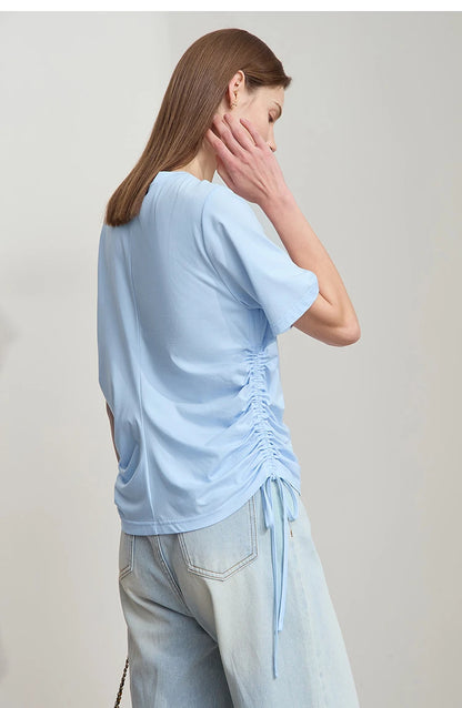 Damen T-Shirt mit solidem V-Ausschnitt und Kordelzug für den Sommer