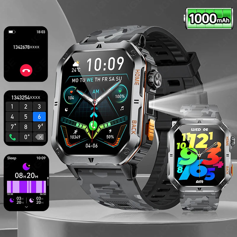 LIGE 2025 Neue Männer Smart Uhr 1000 mAh Batterie Outdoor Taschenlampe Fitness 100 + Sport 3ATM Wasserdicht BT Anruf 2,01 "Smartwatch