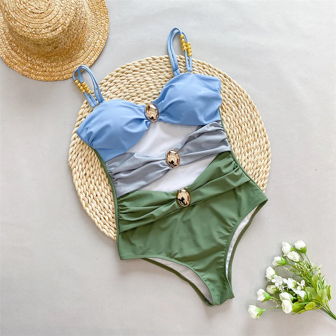 Damen Badeanzug Spleiß Cut-Out Rock gerüscht Einteiler Monokini