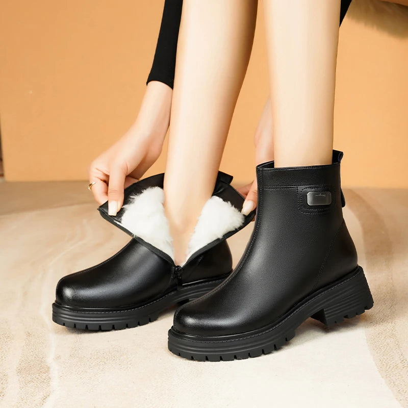 AIYUQI Damen-Knöchelstiefel aus schwarzem Leder mit offenem Wollkragen und dicker Laufsohle