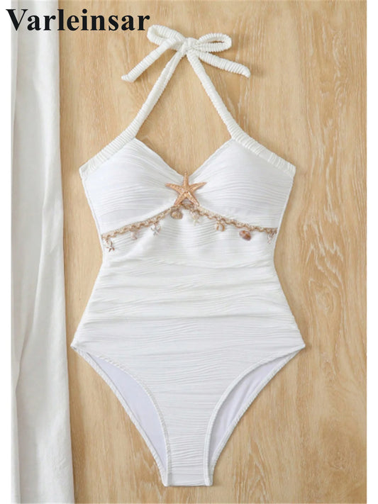 Weißer Damen-Badeanzug mit Neckholder-Trägern und Schleife, hoher Beinausschnitt