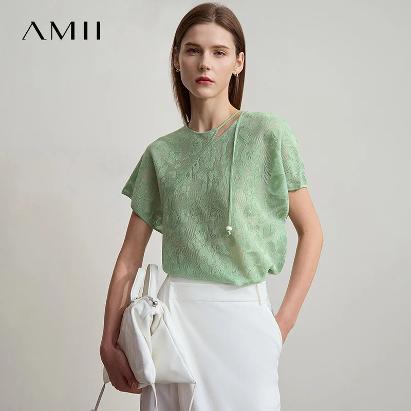 Mintgrünes Kurzarm-T-Shirt mit floraler Jacquard-Struktur, Rundhalsausschnitt, locker