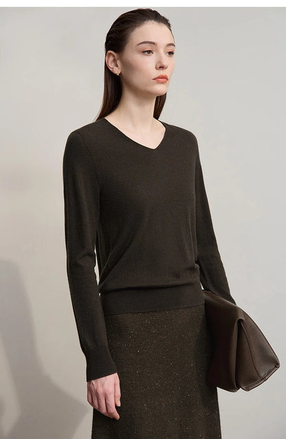 Damen V-Ausschnitt Pullover 100 % Wolle vielseitig Langarm Herbst