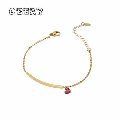 Damenarmband mit rotem Herz-Zirkonia: Gliederkette und schmale Metallplatte