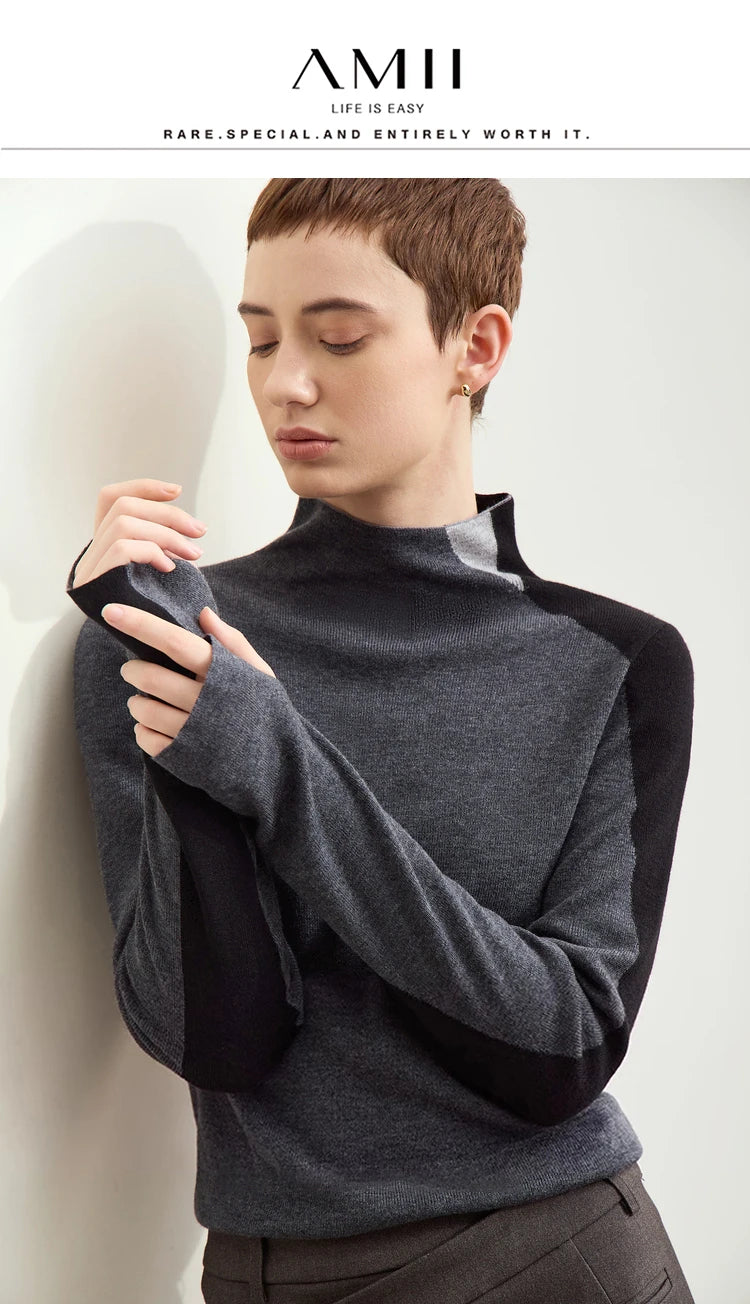 Dunkelgrauer Damenpullover mit Stehkragen und langen Ärmeln, Patchwork an Schulter und Seite