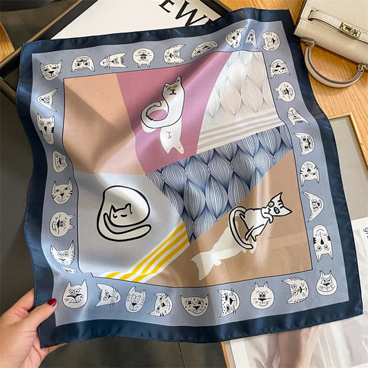 Damen Seidenschal Katzenprint quadratisch Stirnband Hijab Bandana