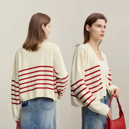 Damen-Strickjacke Baumwolle V-Ausschnitt Kontraststreifen kurz Raglan Frühling