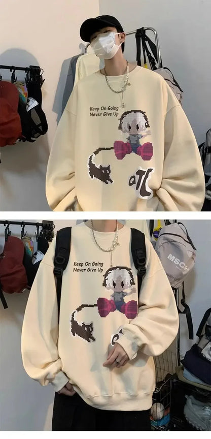 Japanischer Vintage-Pullover mit Fleece, Rundhalsausschnitt und Print – Lässiger Langarm-Hoodie für Herren im Winter.