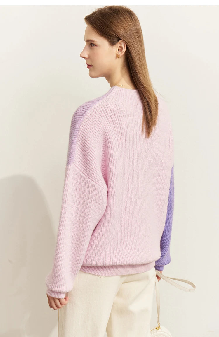 AMII Pullover Damen, Rundhals, pastellrosa Strickpullover, Farbblock-Ärmel