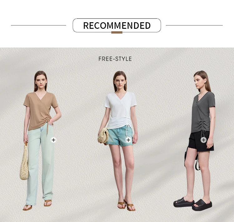 Damen T-Shirt im minimalistischem Stil mit V-Ausschnitt und Plissee-Details