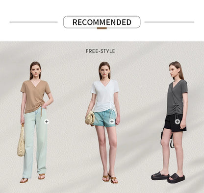 Damen T-Shirt im minimalistischem Stil mit V-Ausschnitt und Plissee-Details