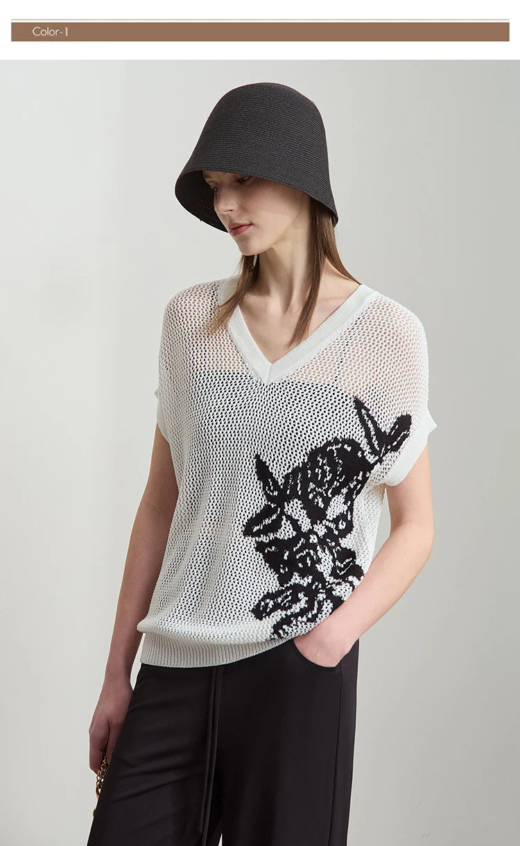 Damen V-Ausschnitt Pullover Viskose Kurzarm Aushöhlung Sommer