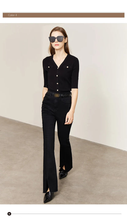 Damen-Strickjacke Baumwolle Slim Halbarm V-Ausschnitt Büro Frühling