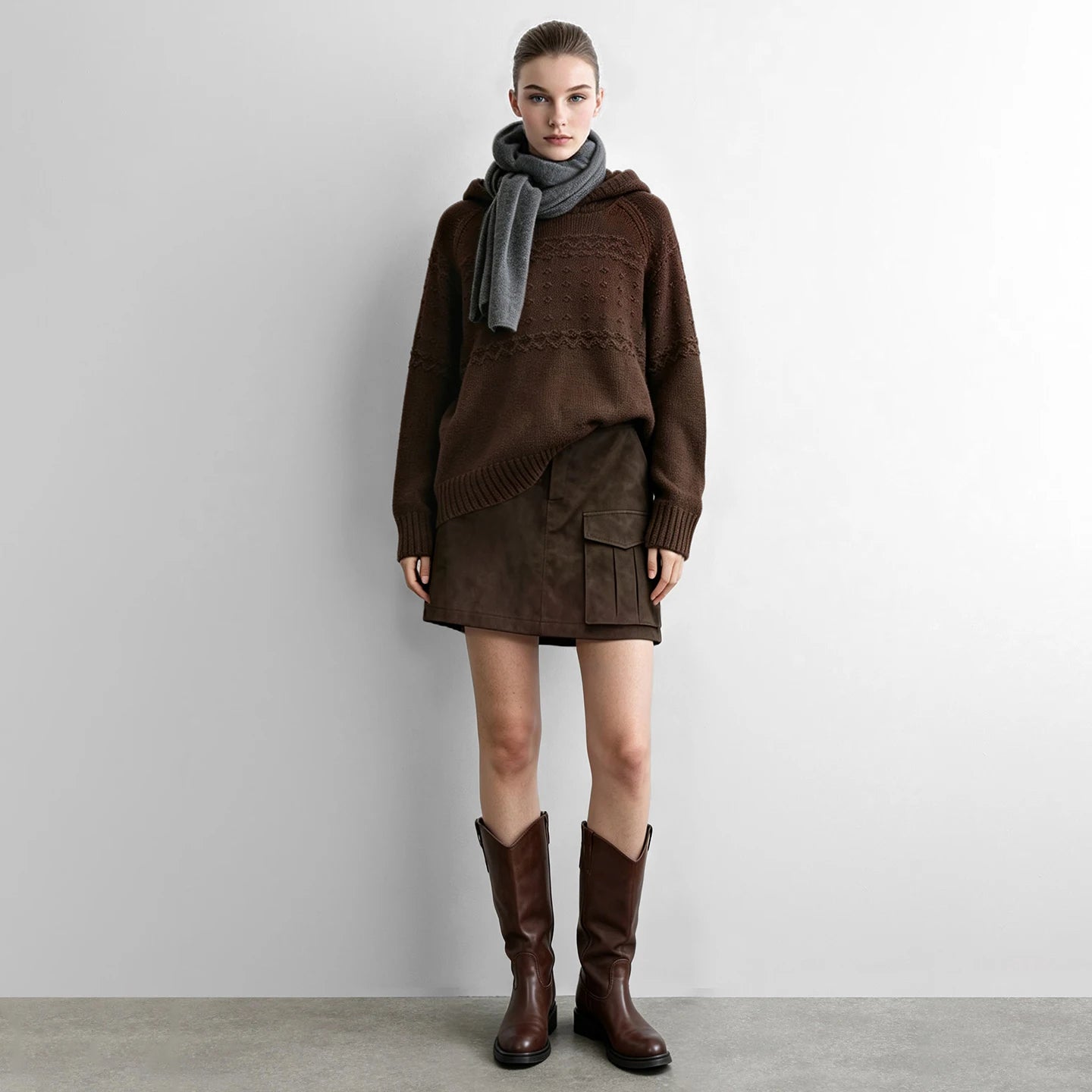Damen-Minirock aus Wildleder, dunkelbraun, mit Taschen und geradem Rocksaum