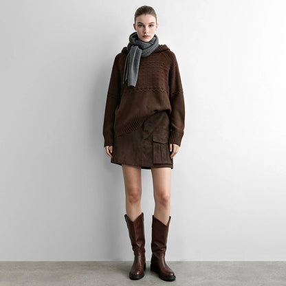 Damen-Minirock aus Wildleder, dunkelbraun, mit Taschen und geradem Rocksaum