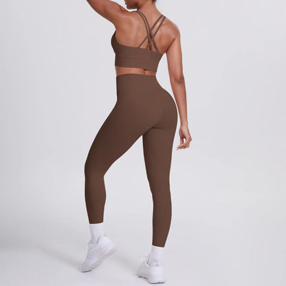 Yoga-Set mit High-Waist-Fitnesshose in Braun, mit Sport-BH