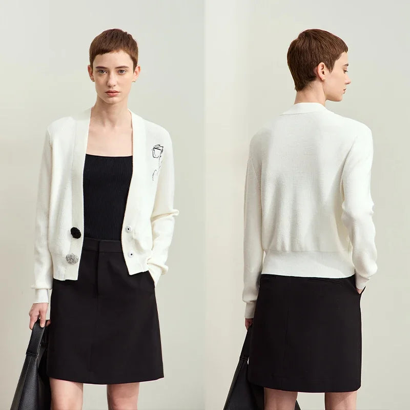 Damen-Strickjacke V-Ausschnitt Stickerei locker Langarm Herbst