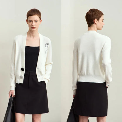 Damen-Strickjacke V-Ausschnitt Stickerei locker Langarm Herbst