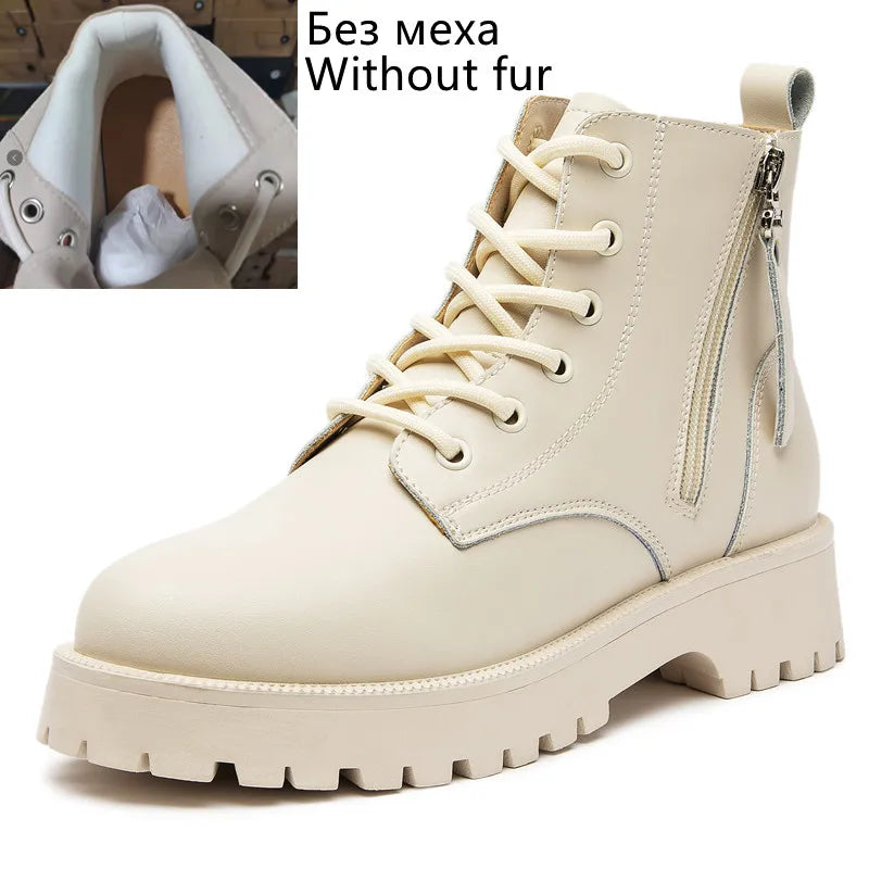 Beige Ankle-Boots aus Leder, Schnürung und doppelter Reißverschluss, Plattformsohle