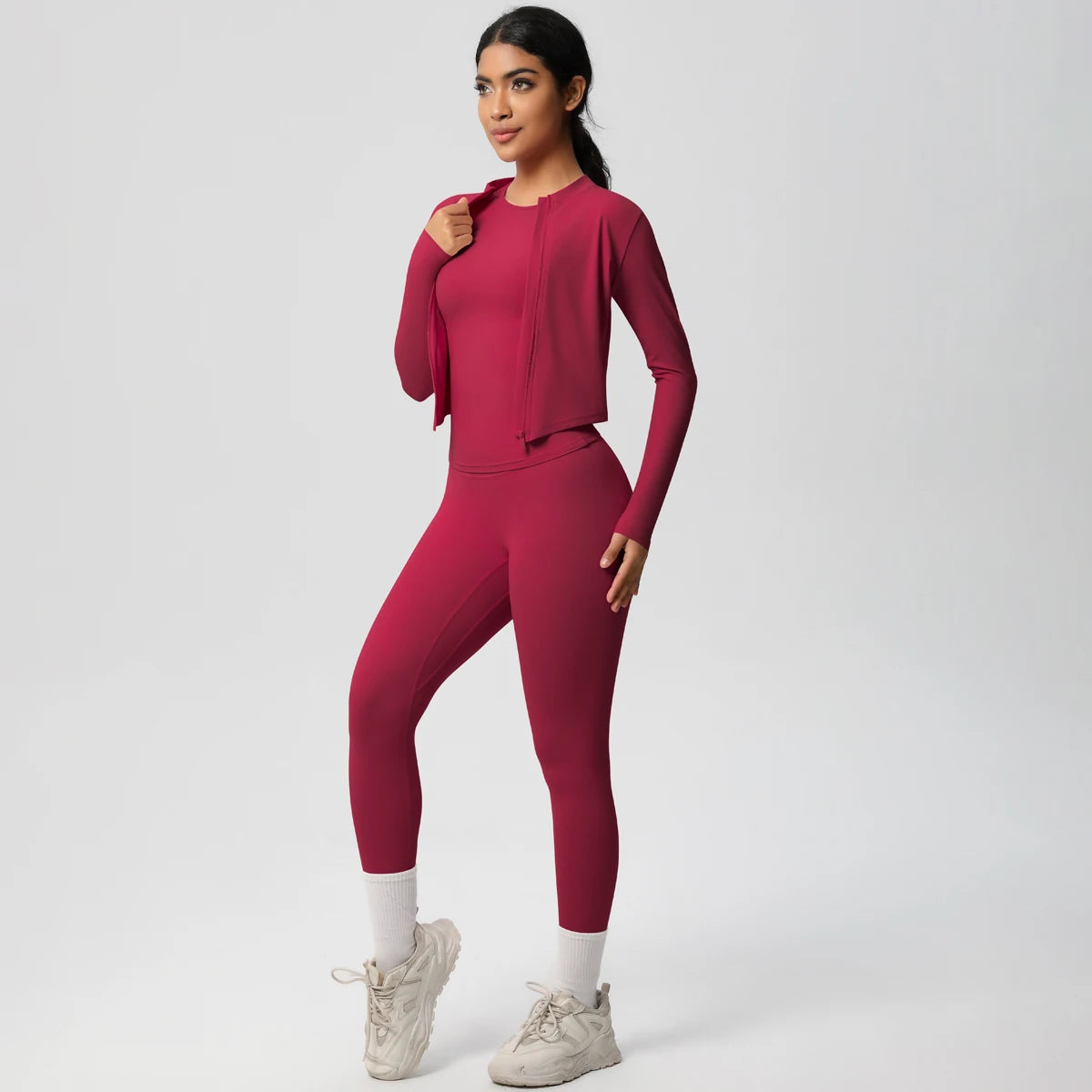 Damen Yoga-Set aus langarmem Top mit Reißverschluss und High-Waist Leggings, weinrot