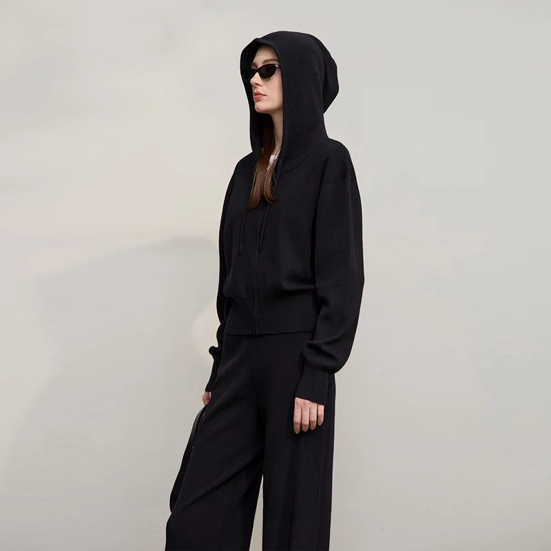 Damen-Strickjacke Kapuze Reißverschluss locker Wolle-Mix Herbst-Winter